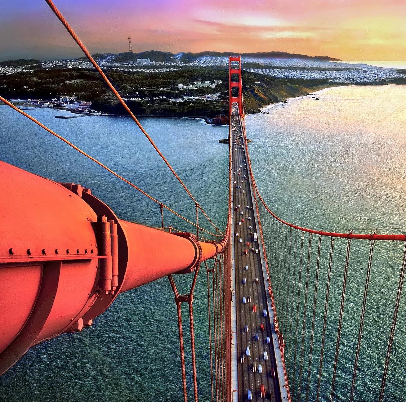 Golden Gate Bridge - atop North Tower at sunset - December 1993 - Hasselblad 500cm - client: Pacific Gas & Electric