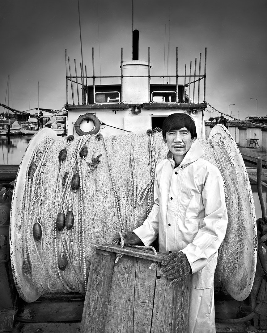 Vietnamese fisherman & his fishing boat - Berkeley Marina - 1992 - Sinar X 4X5 - client: Bank of America - Community Reinvestment Act