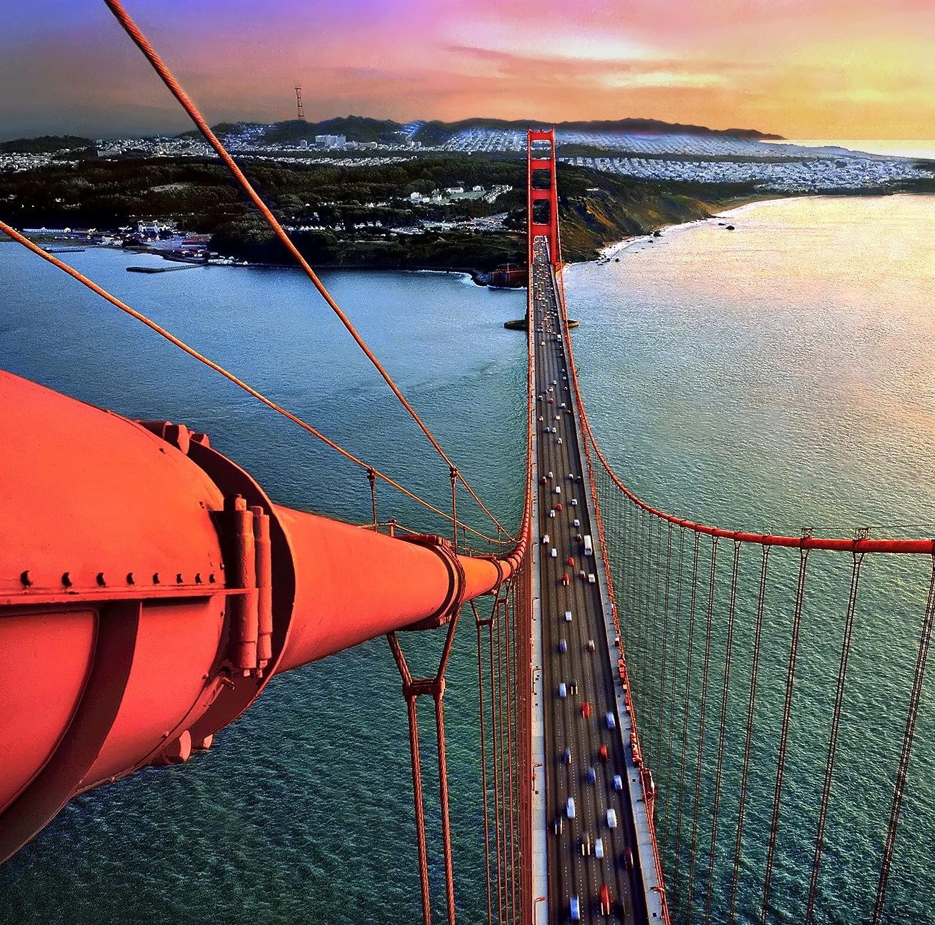 Golden Gate Bridge - atop North Tower at sunset - December 1993 - Hasselblad 500cm - client: Pacific Gas & Electric