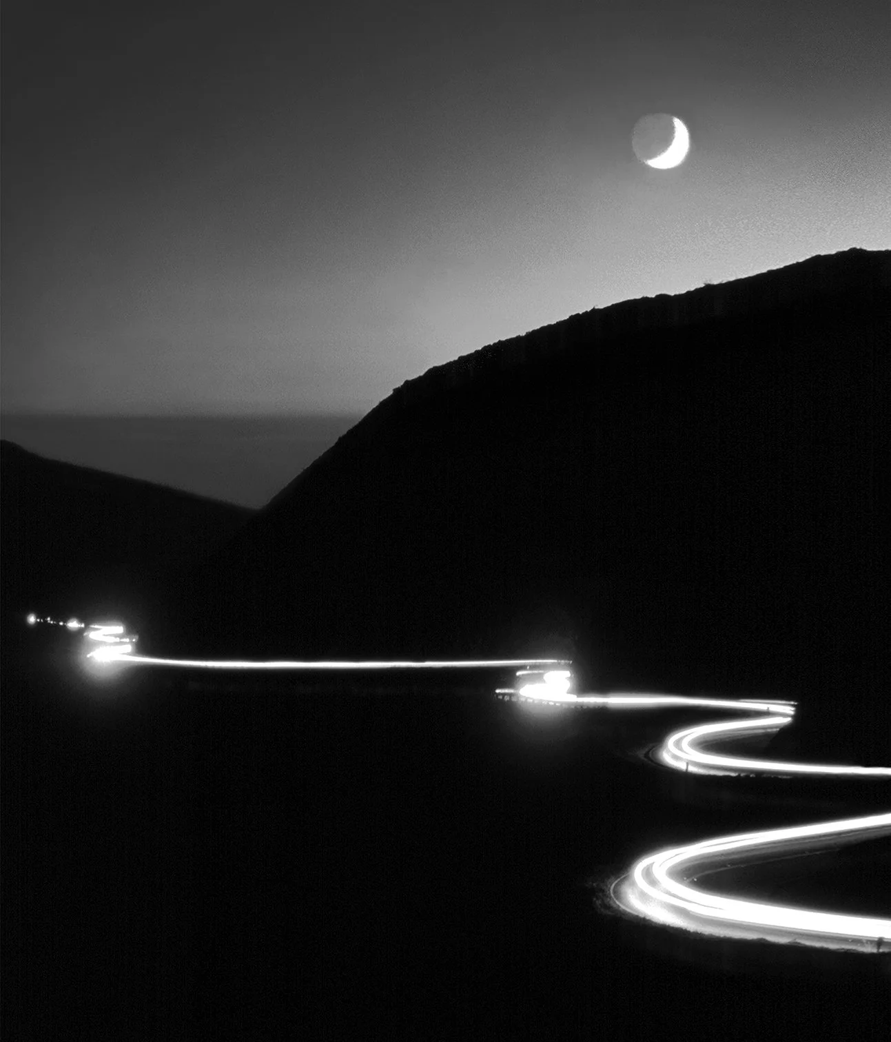 Hwy 1 to Muir Beach at sunset with moon setting -  Muir Beach, California 1993 - client: Pacific Gas & Electric