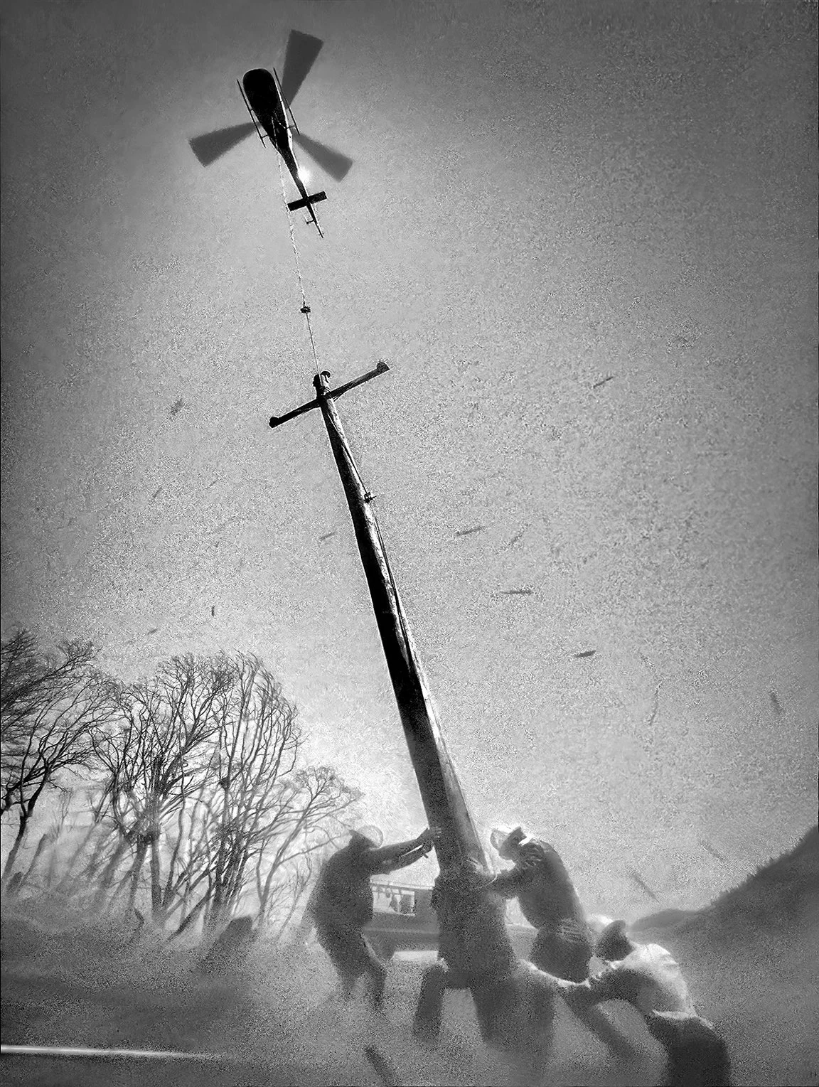 PG&E Power Pole crew replacing burned down power poles in Sierra firestorm - Placerville, California 1992 - client: Pacific Gas & Electric