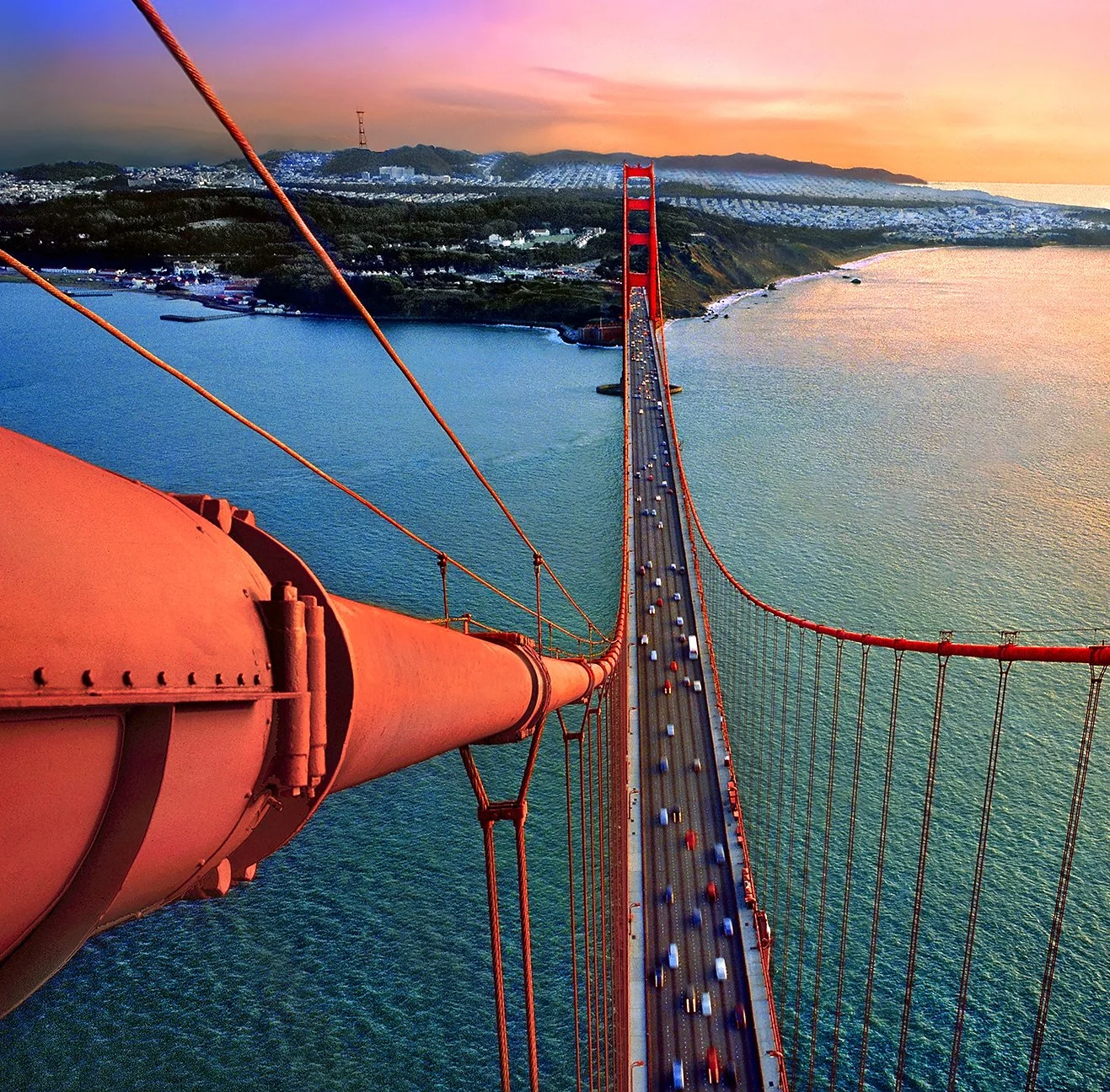 Golden Gate Bridge - atop North Tower at sunset - December 1993 - Hasselblad 500cm - client: Pacific Gas & Electric