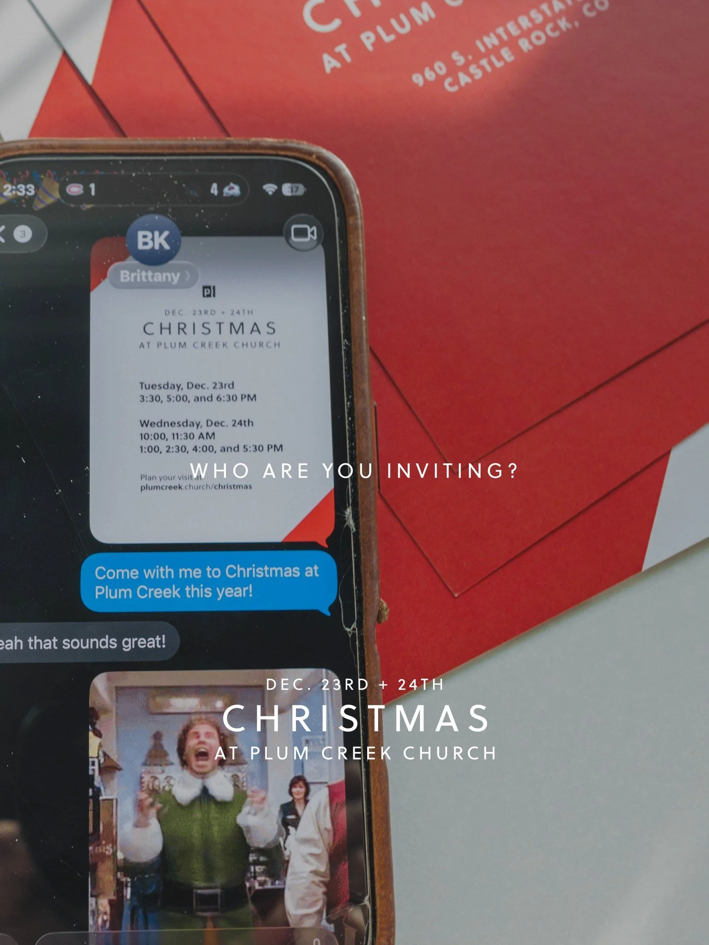 Buddy the elf is already proud of you for sharing your invitation to Christmas at Plum Creek Church with a friend. #christmas #changedliveschanginglives
ㅤ
We&rsquo;ll be hosting nine services this year on Tuesday, December 23rd, and Wednesday, Decemb