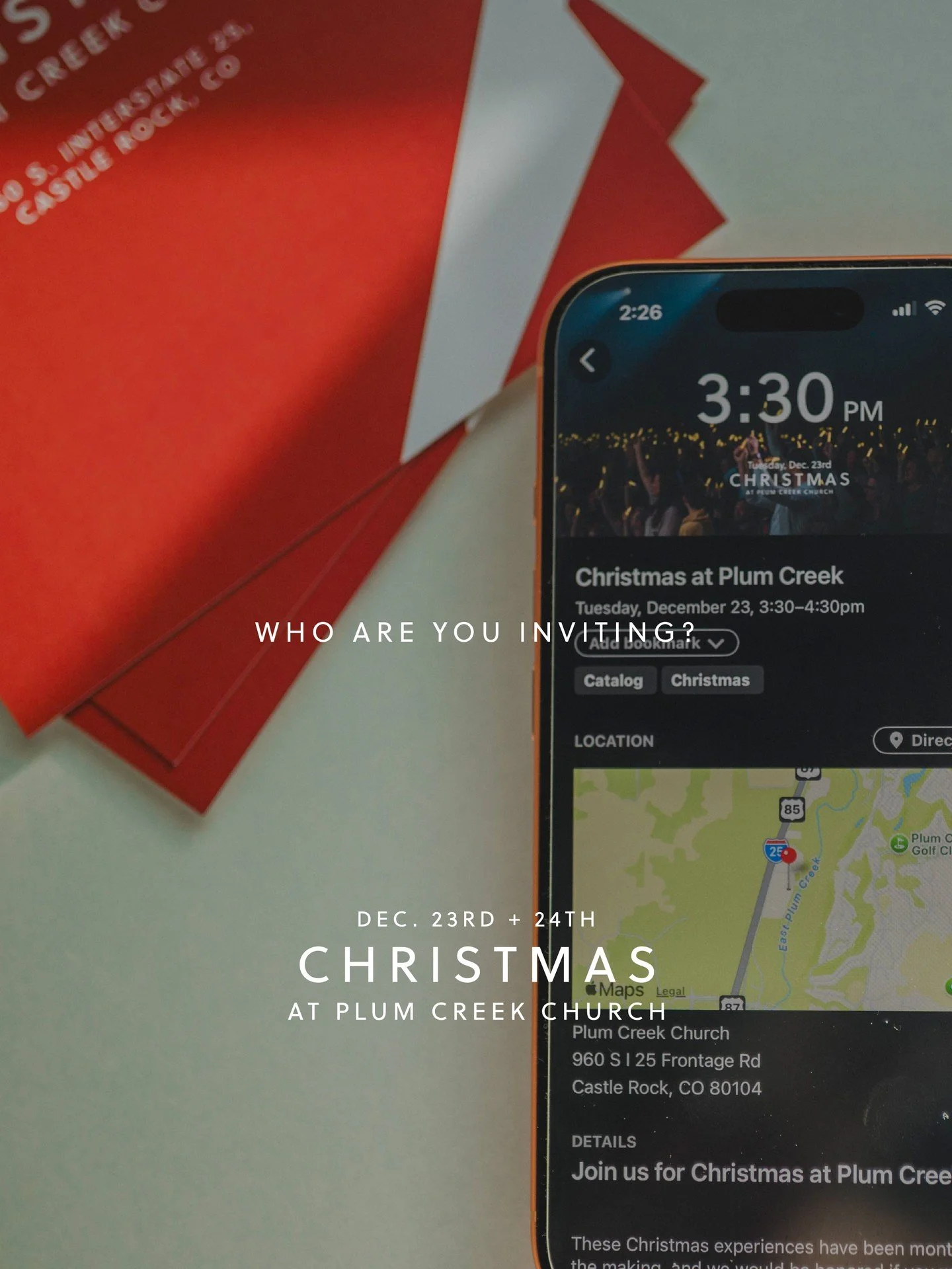 Trying to coordinate times for Christmas at Plum Creek Church with the friends you invited? Our app (ChurchCenter of course.) has each service time listed individually so you can invite others with one tap! Give it a try and maybe even invite that on