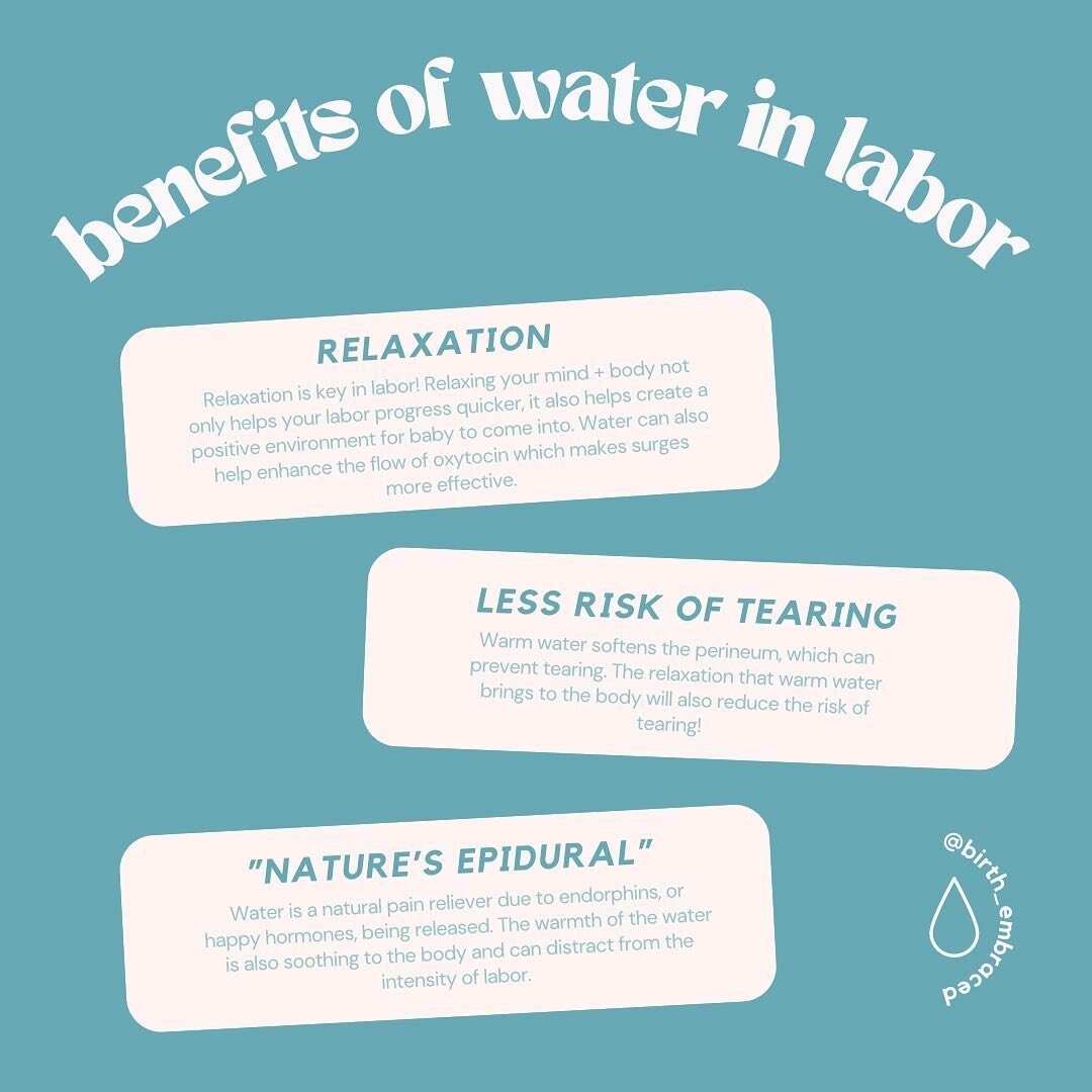 H2O
💧whether it be a soothing bath, the shower hitting your back, or a warm compress, water is SO beneficial during labor. 
💧laboring/ birthing in water can not only be a euphoric, beautiful experience, it also has so many other benefits.. some pro