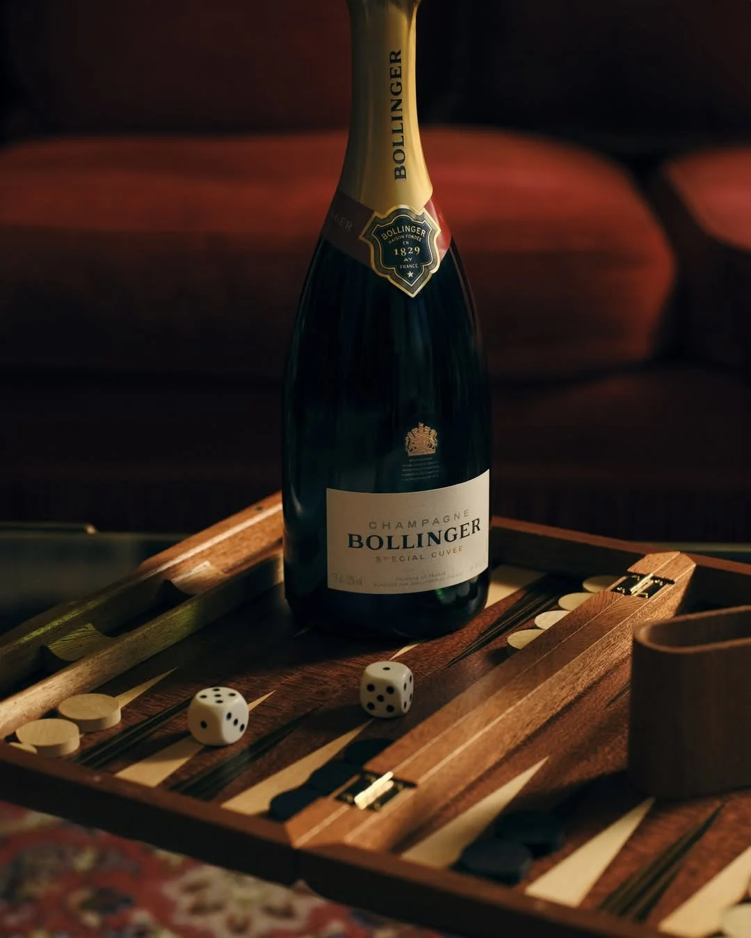 A black bottle of Bollinger Champagne
