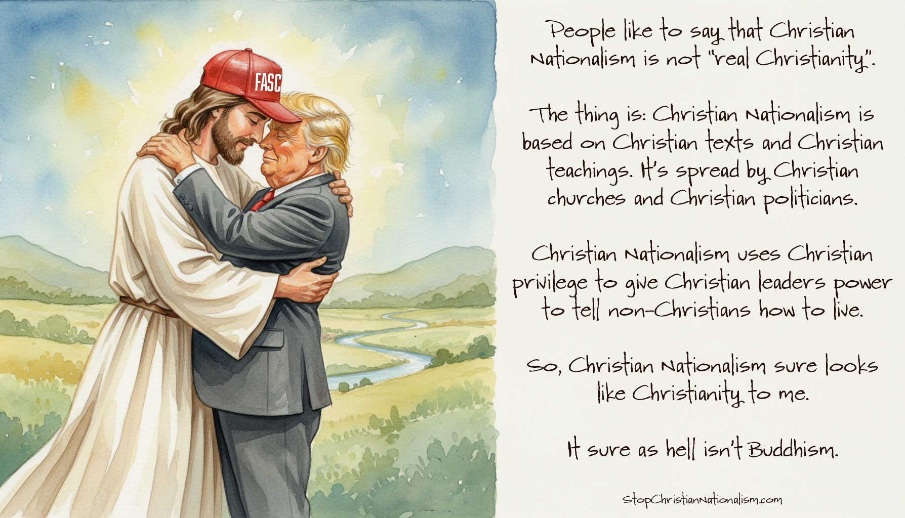 Jesus and Donald Trump having a fascist hug