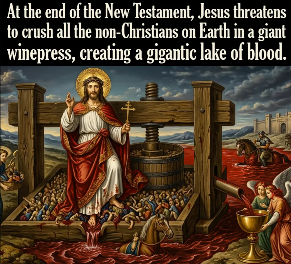 Jesus in Book of Revelation chapter 19 treading the winepress of the wrath of god with a lake of blood