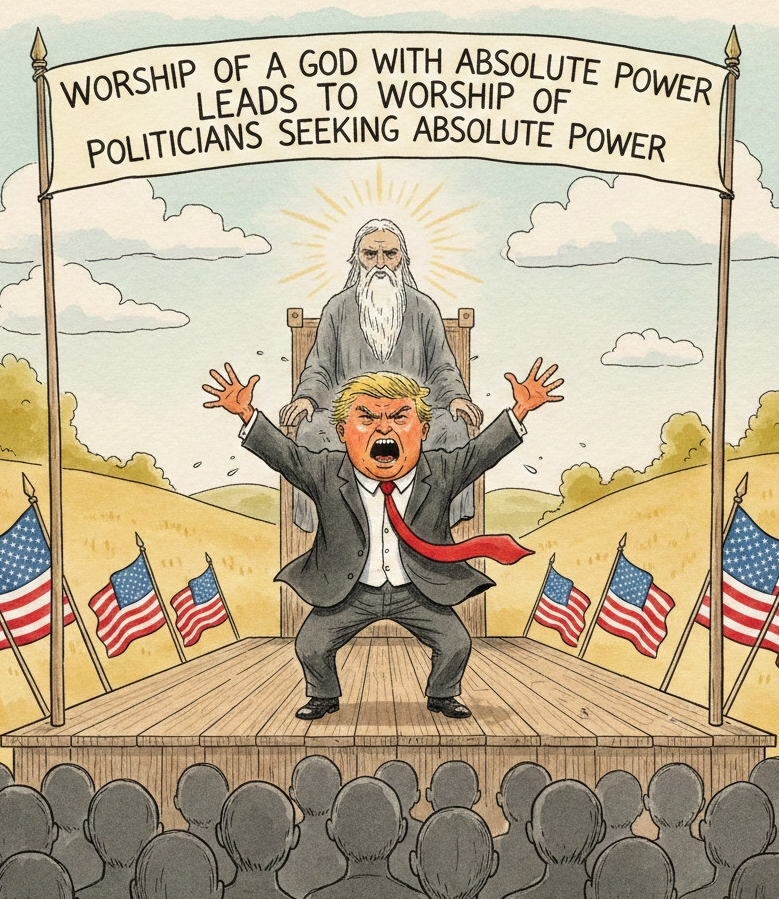 Monotheistic Christian god with ranting and raving Christian Nationalist Donald Trump