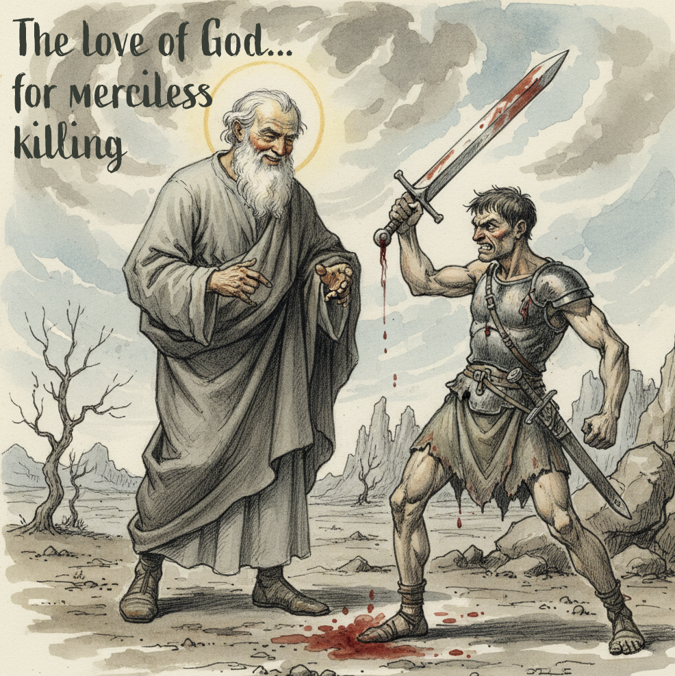 The love of God for merciless killing, Psalm 18, with God smiling on a man who kills people with his bloody sword