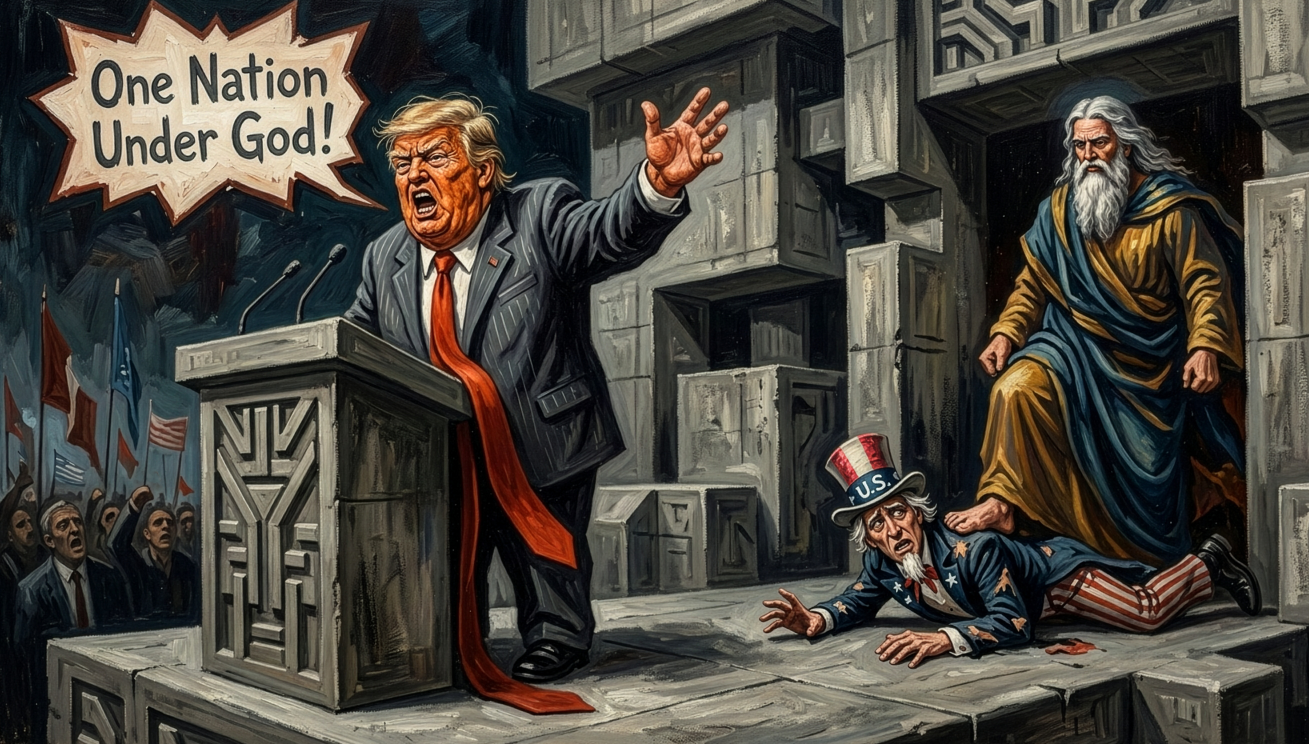 Donald Trump says One Nation Under God While the Christian God Steps On Uncle Sam Who Has Been Shoved To The Ground