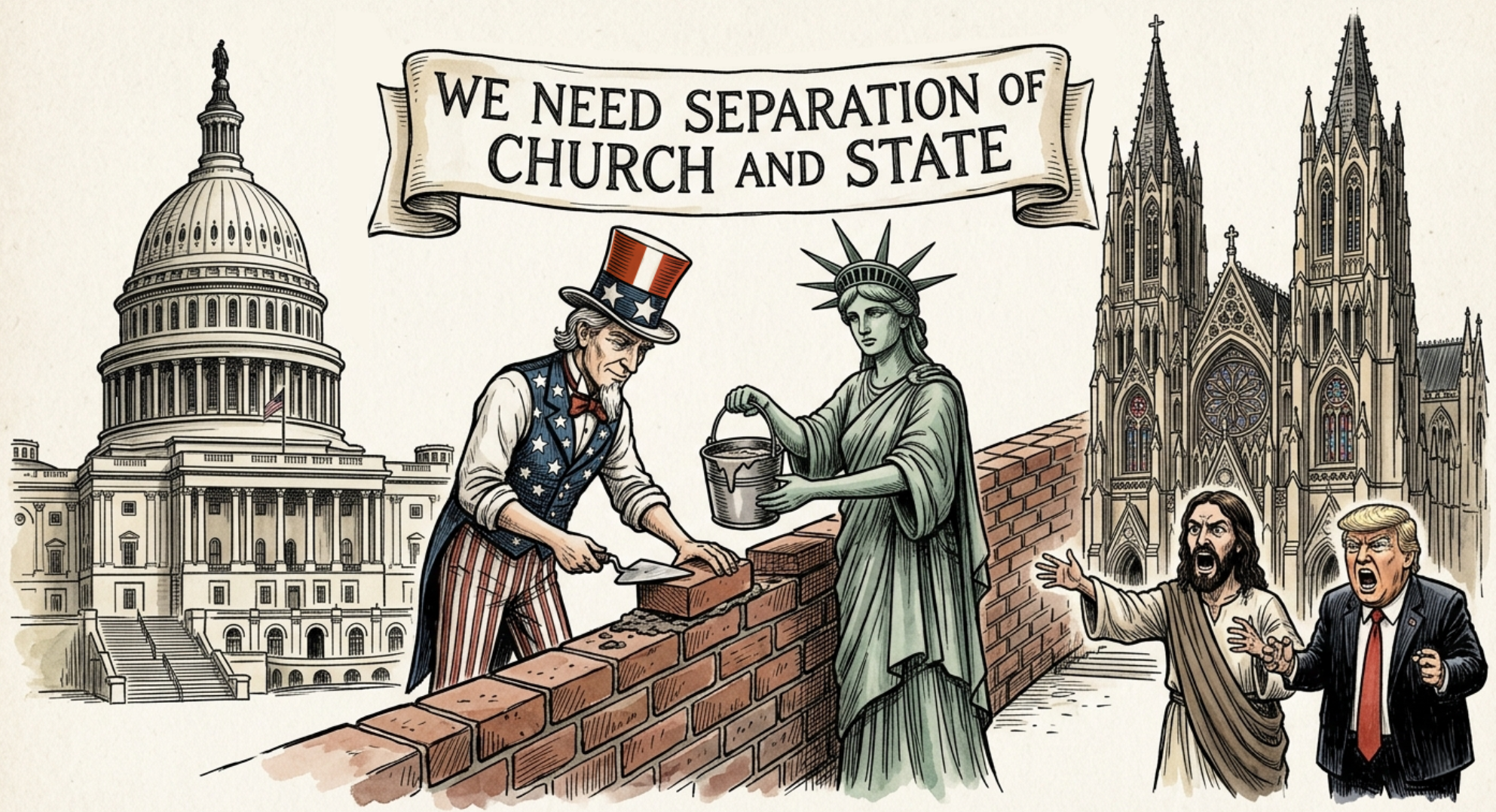 wall of separation of church and state with Uncle Sam and the Statue of Liberty and the angry Jesus and Donald Trump