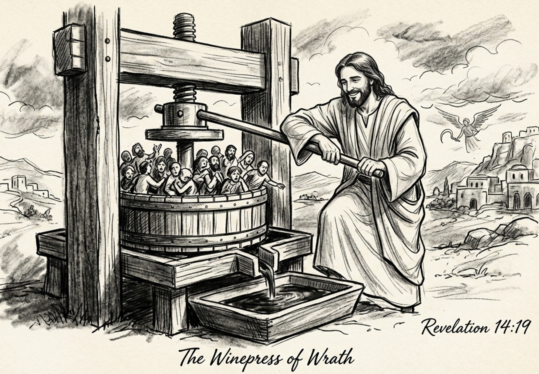 angel with a sickle and Jesus happily crushing people in the winepress of the wrath of god