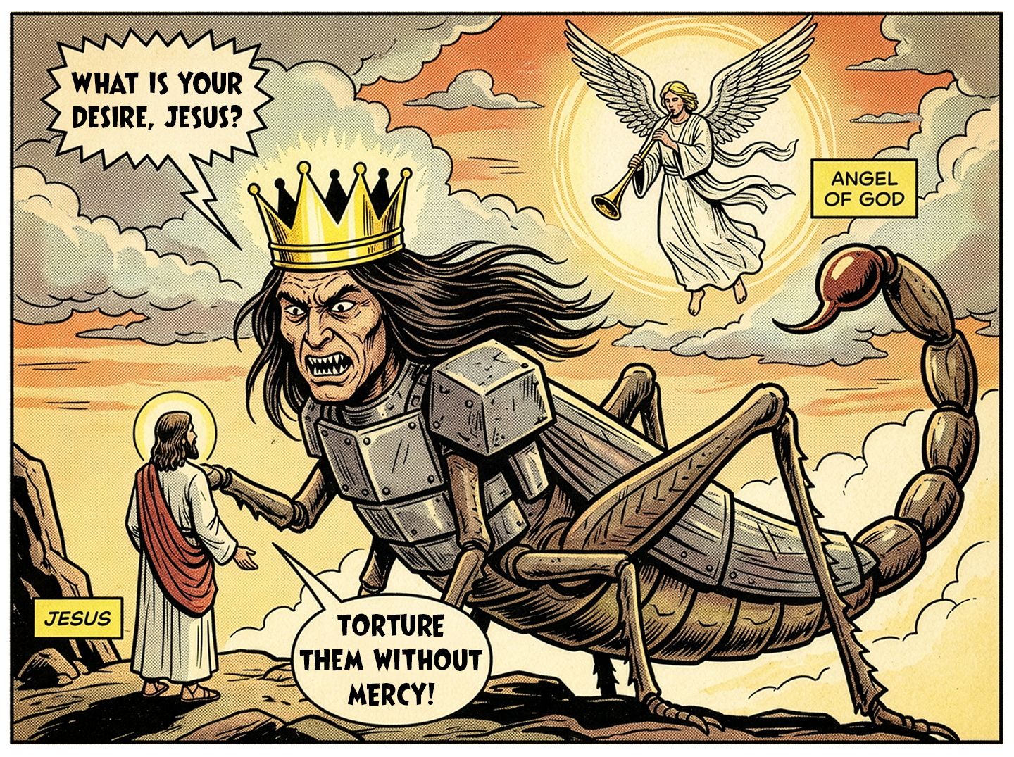 Jesus and King Abaddon talking about torture in the Book of Revelation Chapter 9 with an angel and trumpet in the background in comic book style