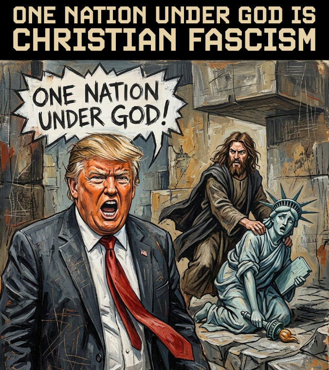 Donald Trump One Nation Under God is Christian Fascism with Jesus assaulting the Statue of Liberty