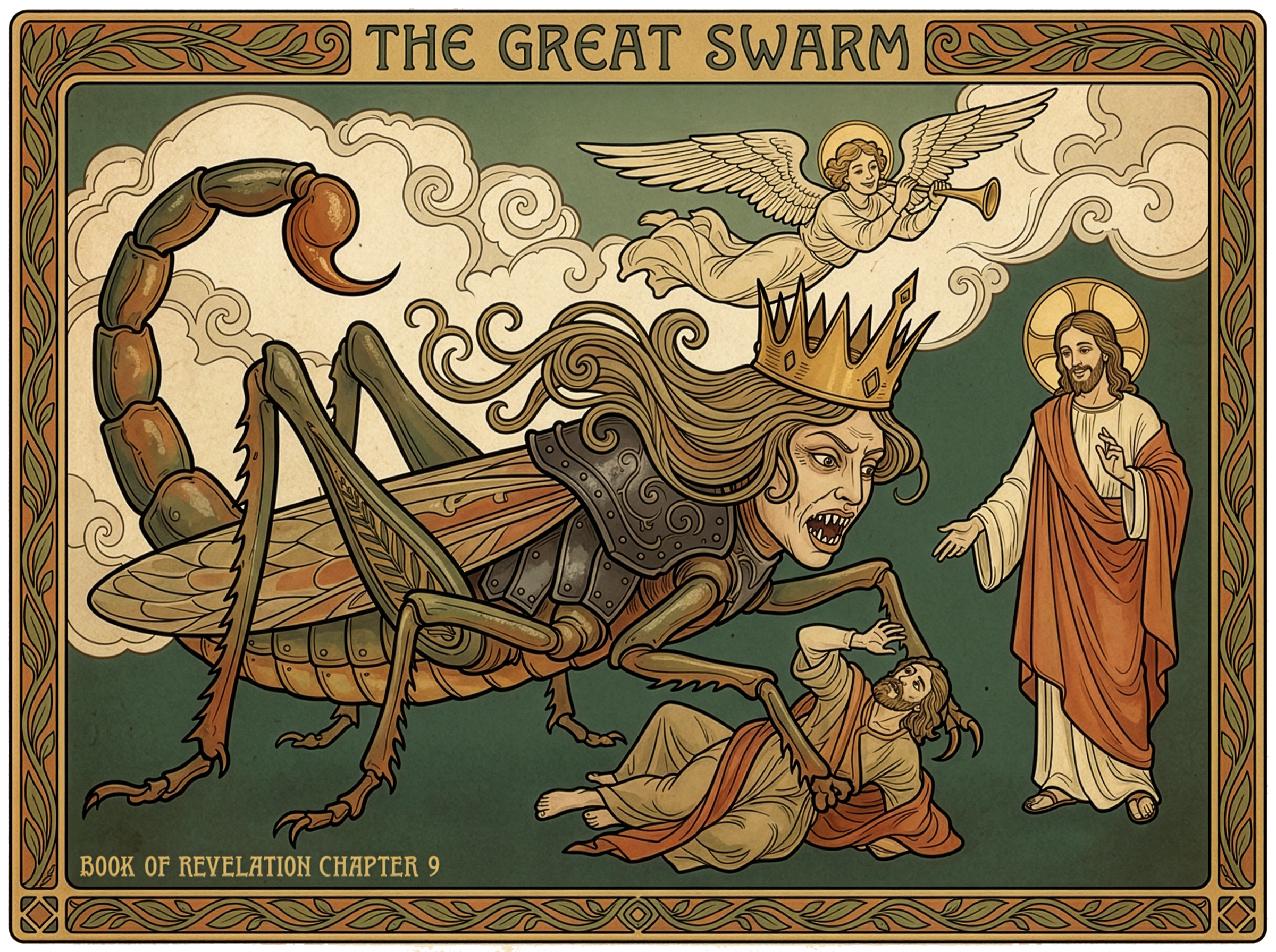 The Great Swarm of Locust Scorpions With Jesus and an angel from the Book of Revelation Chapter 9