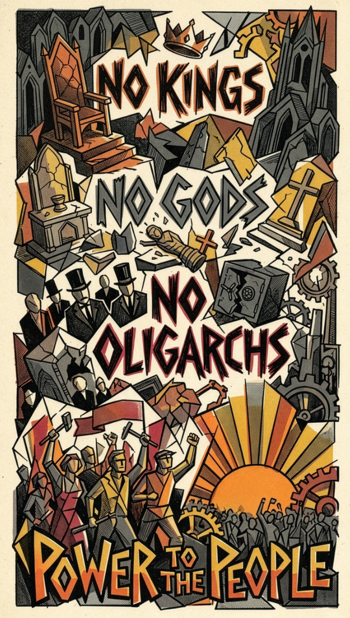 Chaotic poster of No Kings No Gods No Oligarchs