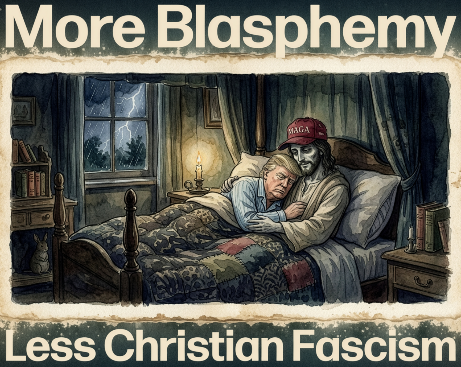 more blasphemy less Christian fascism Jesus and Donald Trump snuggling in bed together