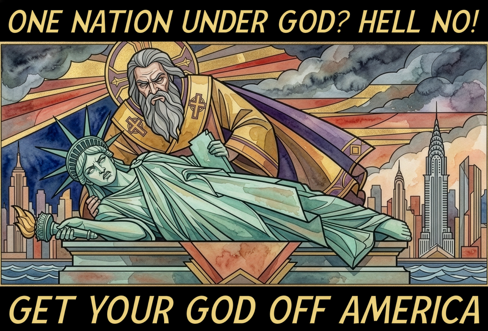get your god off america. One Nation Under God? Hell no!