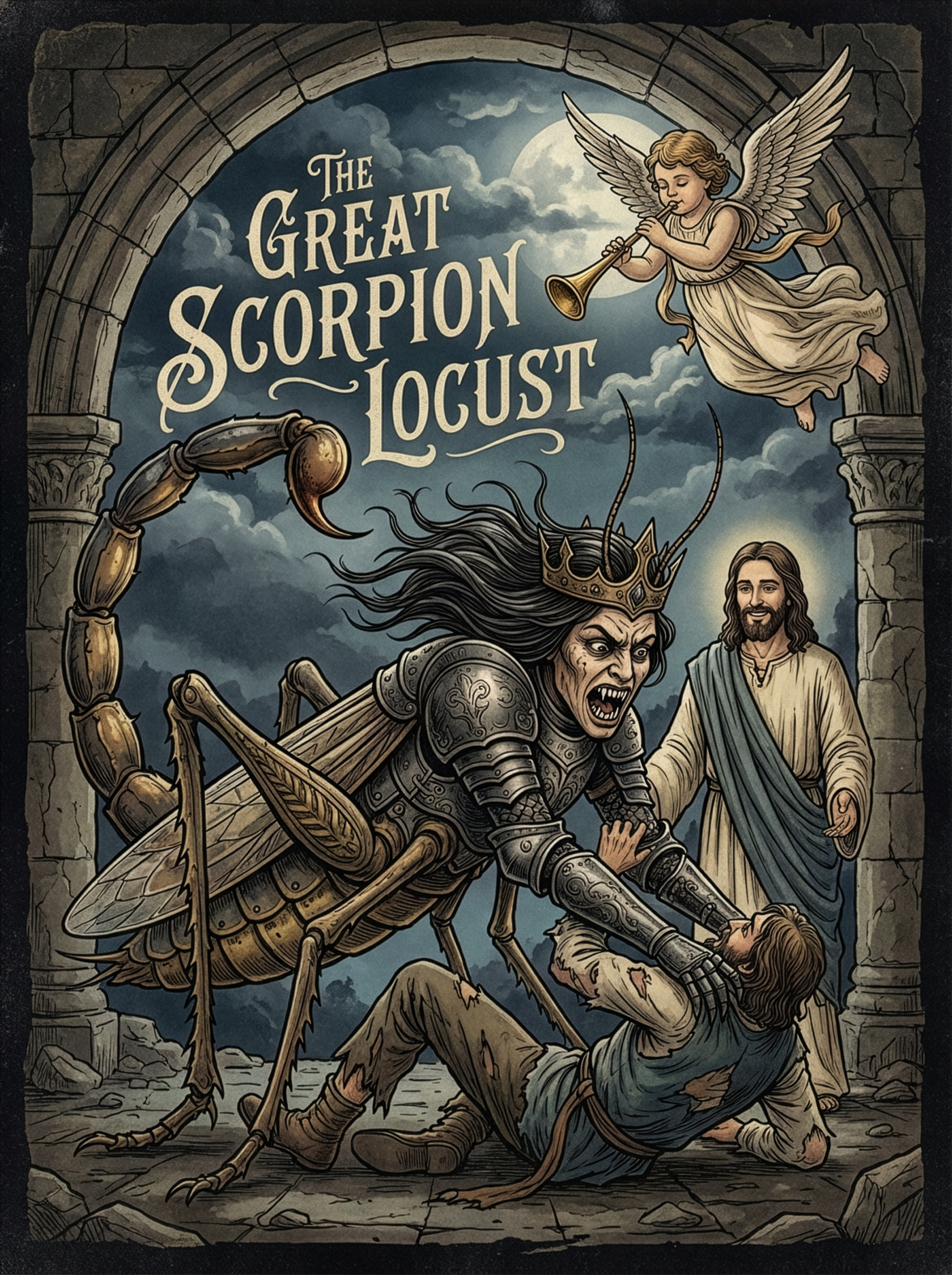 Abaddon the great scorpion locust king of the Bible New Testament Book of Revelation Chapter 9 with Jesus and an angel terrorizing a man