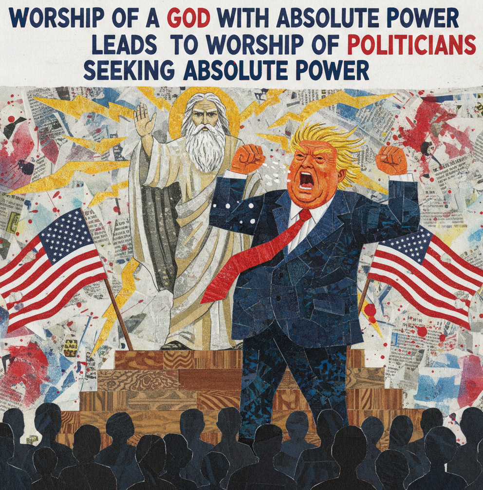 Collage art worship of a god with absolute power leads to worship of politicians seeking absolute power