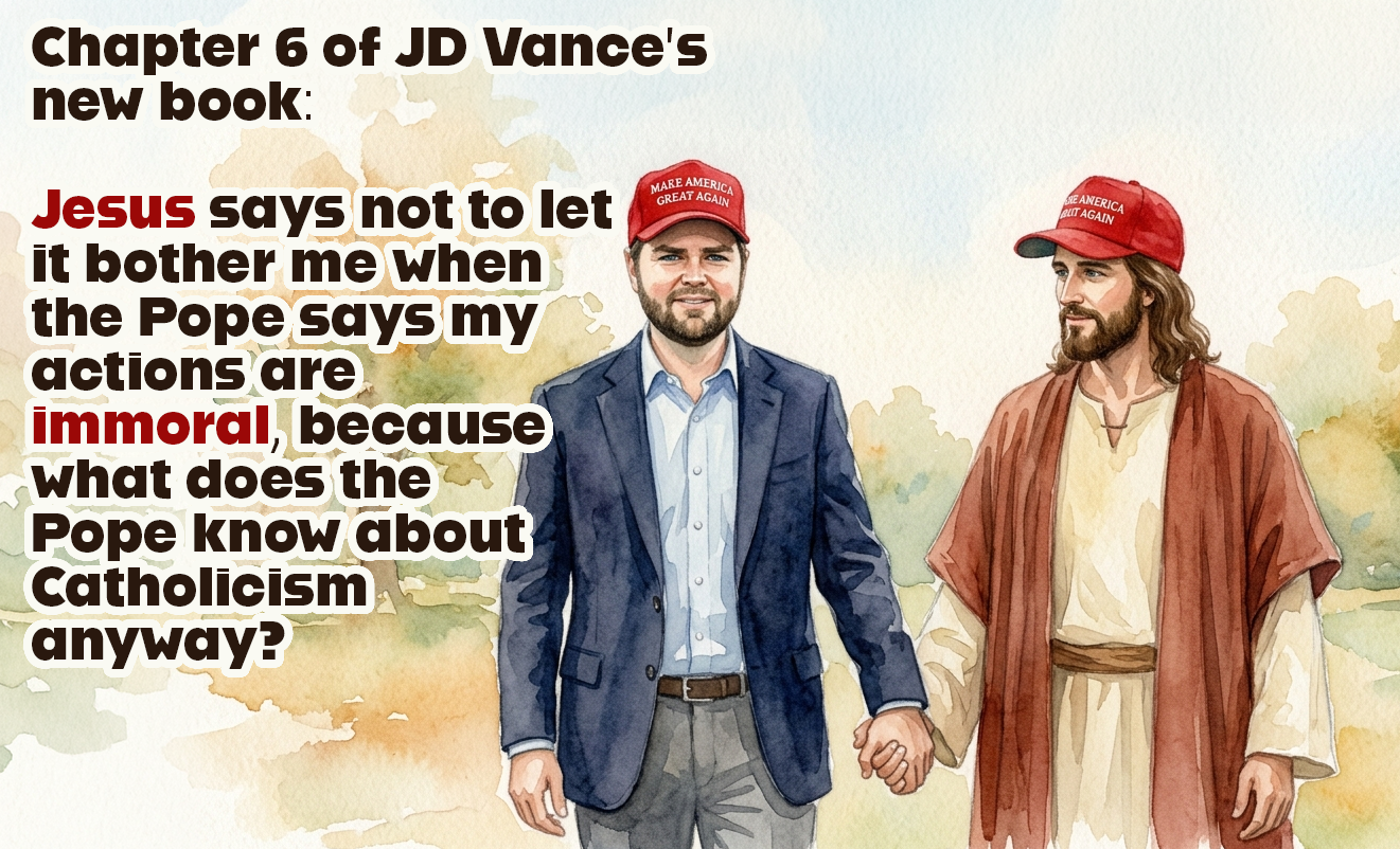 JD Vance and Jesus holding hands with MAGA red caps in the new book Communion chapter 6