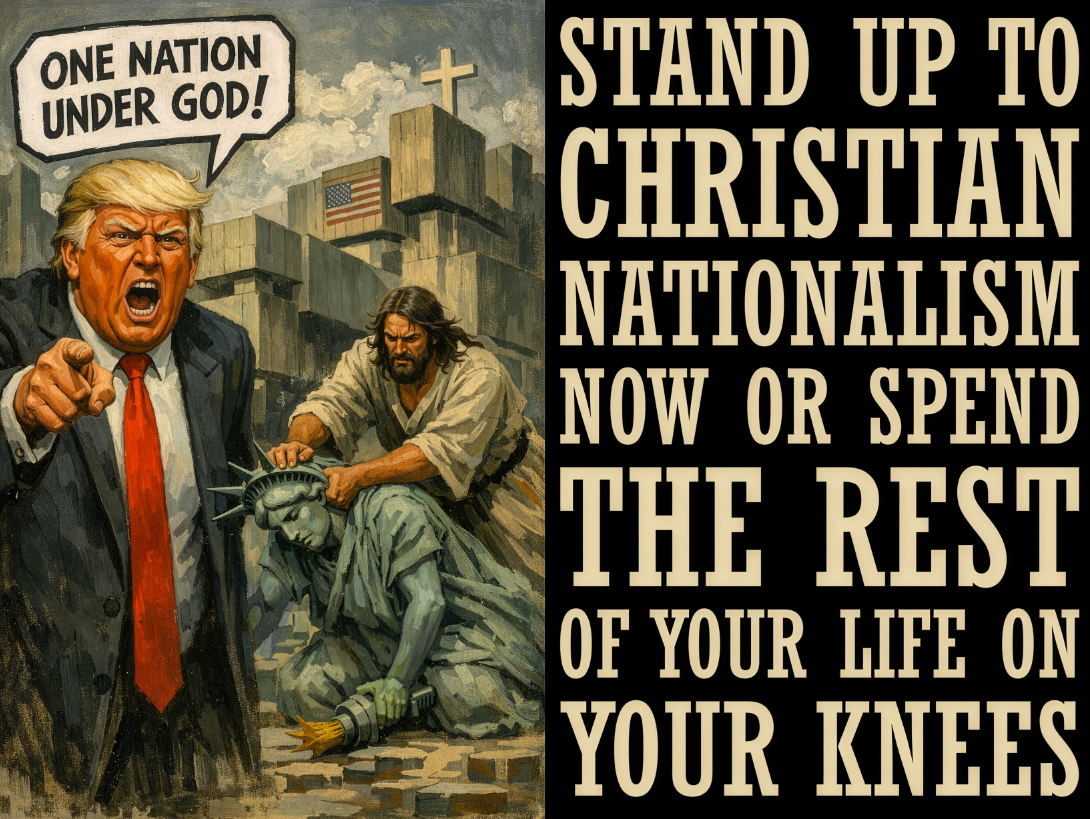 Donald Trump screams One Nation Under God while Jesus forces the Statue of Liberty down onto her knees