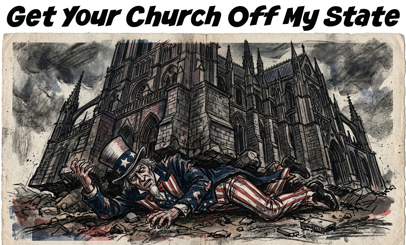 Get Your Church Off My State. A drawing of Uncle Sam being crushed under the weight of a Christian cathedral