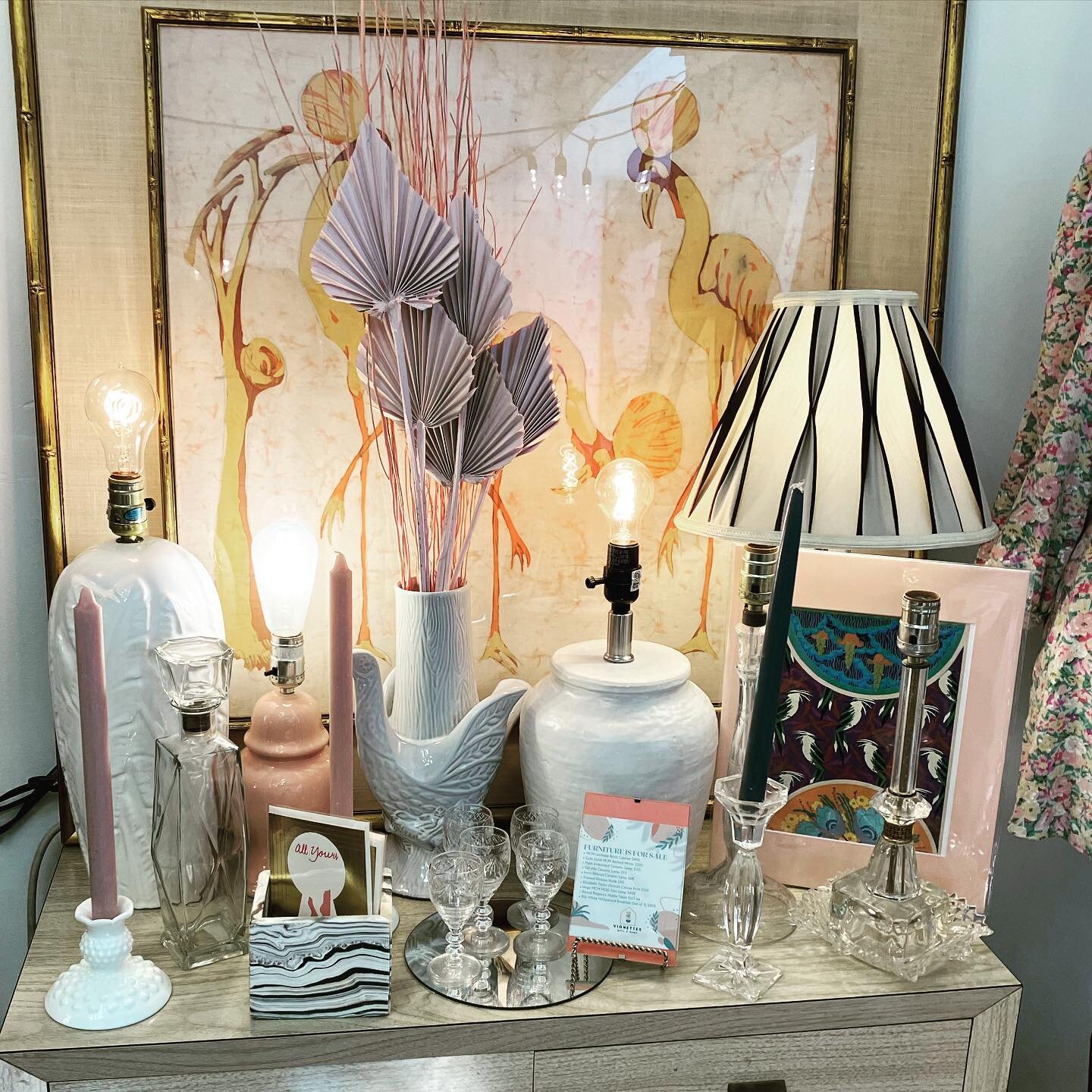 Can&rsquo;t get enough of this sweet vibe, blush lamps and accent candles combined wit MCM bamboo frame crane batik - thanks @vignettesbyvintanthro  #shopvintage #westvillect #vintagedecor #discovervintage #vintanthro&nbsp;#vintanthromodern&nbsp;&nbs