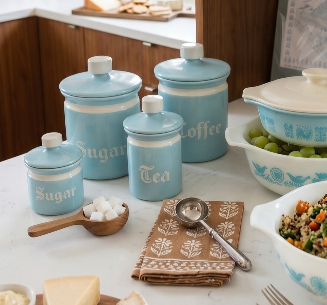 MCM French Country Kitchen Canister Set - Blue & White - 4 piece