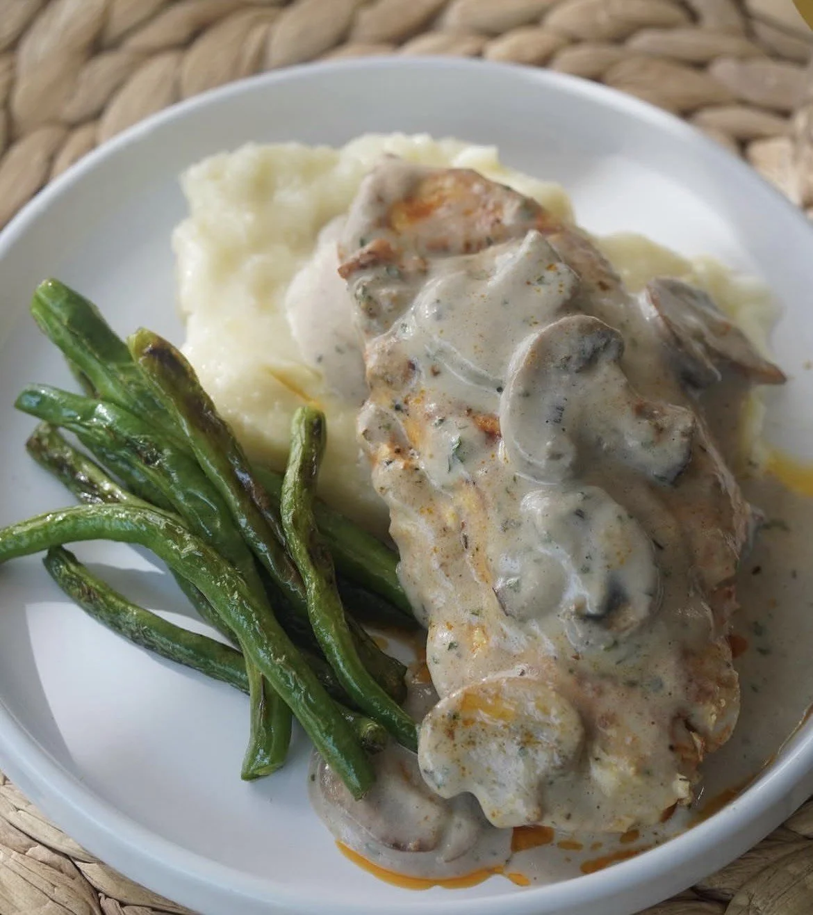Creamy Lite Tuscan Breast with Mash and Green Beans