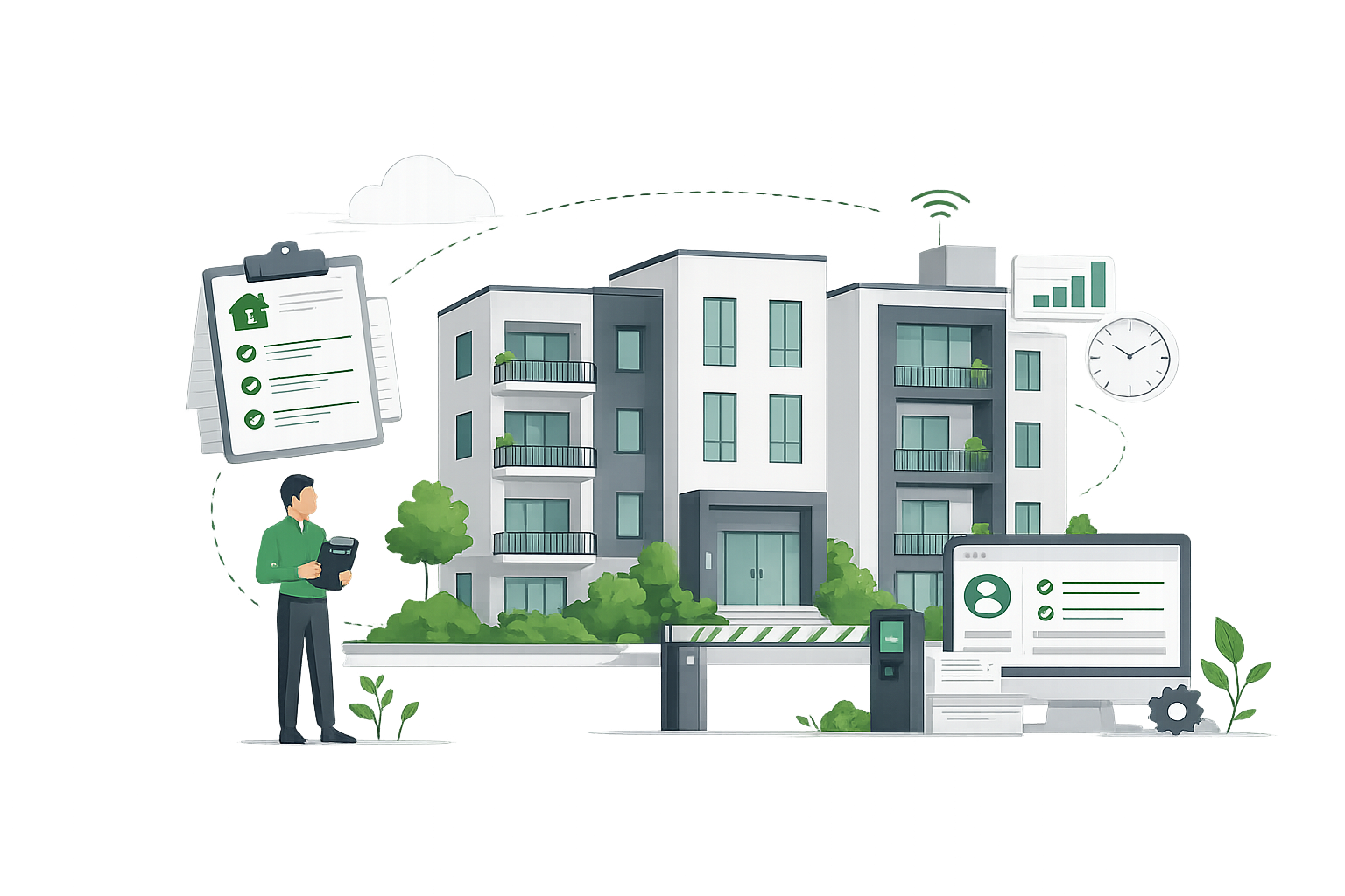 Illustration of a modern apartment building with greenery, a man holding a tablet in front, and various digital icons and charts representing real estate and property management.