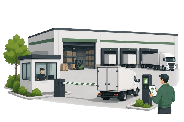 Illustration of a factory emitting smoke with a truck carrying construction materials in front, and trees in the background.