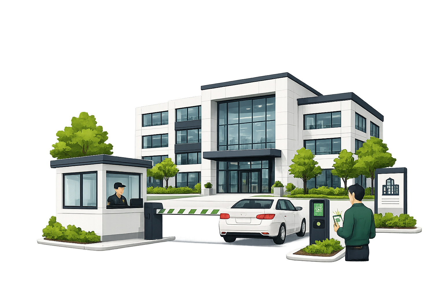 Minimalist illustration of a multi-story building with trees on both sides and a pink circle on the left.