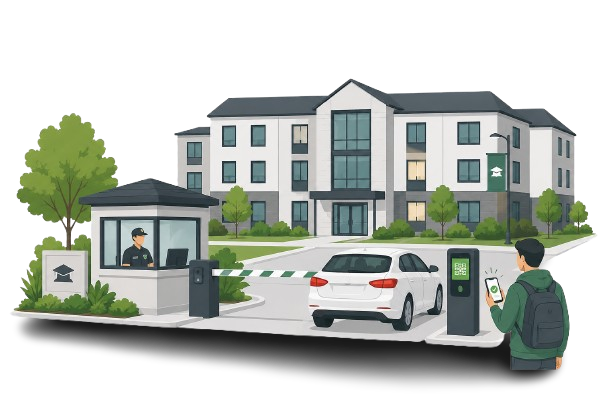 Illustration of students in graduation caps, emphasizing how Community Tech's visitor management system is tailored to meet the unique needs of student housing, balancing security and convenience.