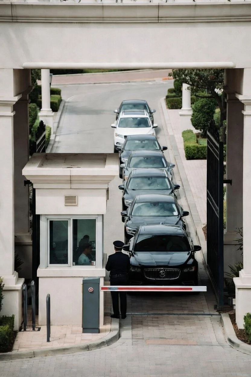 This image shows a guard at a residential guard gate with a long line of cars as he manually grants access and logs the entry