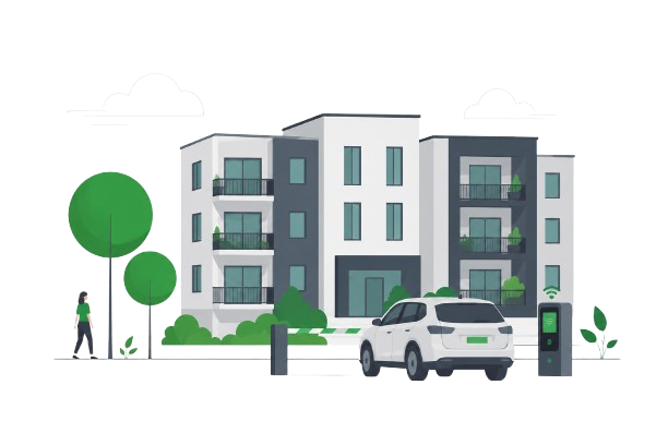 Illustration of a modern apartment building with trees, a car parked outside, and an electric vehicle charging station.