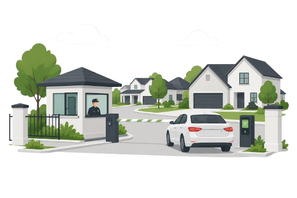 Graphic depicting a row of managed properties, highlighting how Community Tech's visitor management platform helps property management companies ensure safety, security, and convenience across multiple complexes.