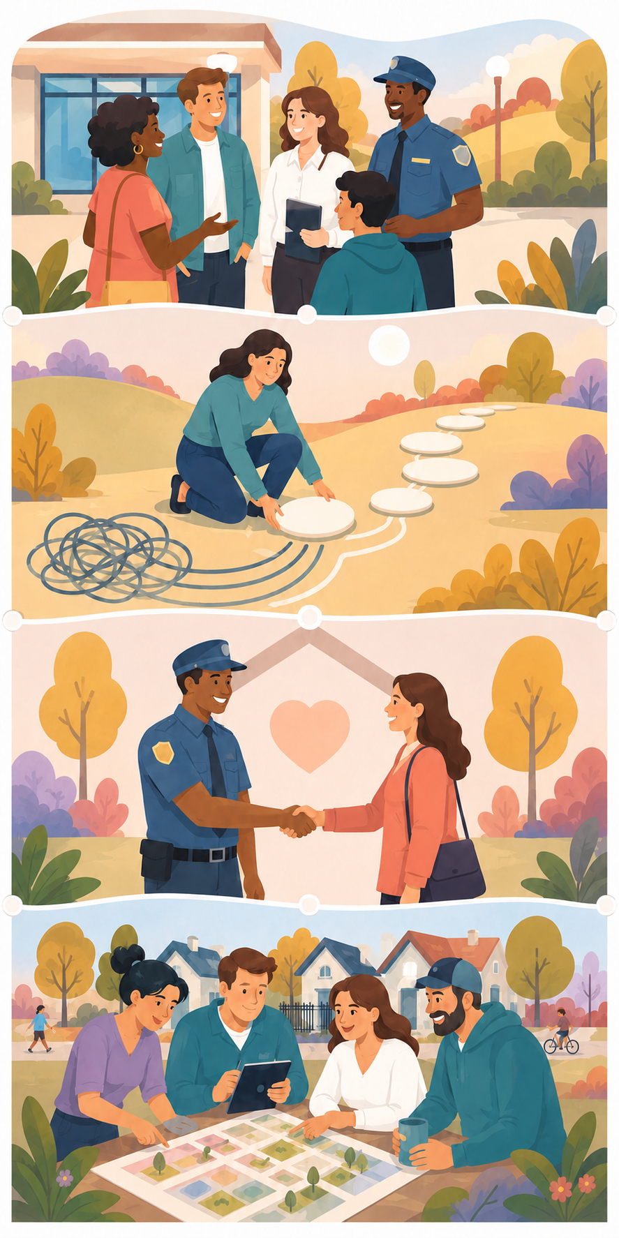 Collage of four scenes: a diverse group of people talking outside near a building, a woman planting stepping stones in a garden, a police officer shaking hands with a woman in a park, and a group of people discussing a neighborhood map at a table in a community setting.