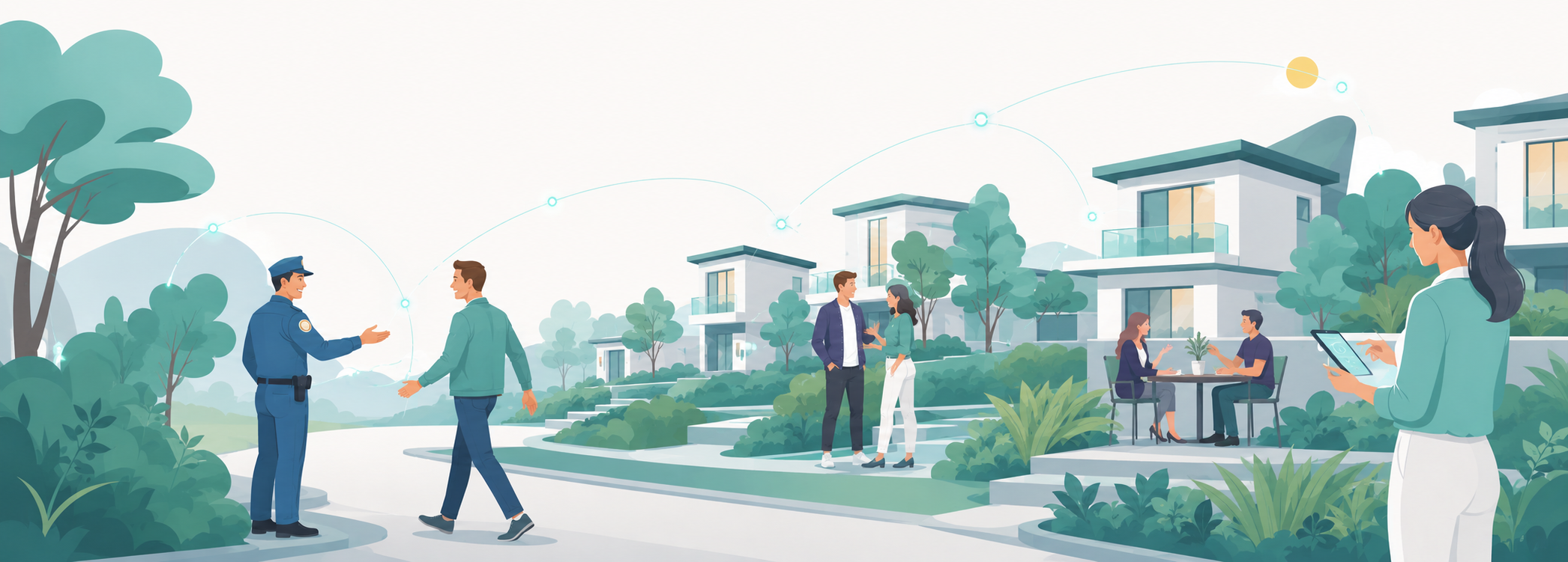 An illustration of people socializing in a modern neighborhood with smart home technology. A security guard is talking to a man, there are two people talking near the stairs, and a woman is using a tablet. Two others are sitting at a table outside a house, and one woman is walking with a smartphone. The scene features contemporary houses, trees, and a connected digital network overlay.