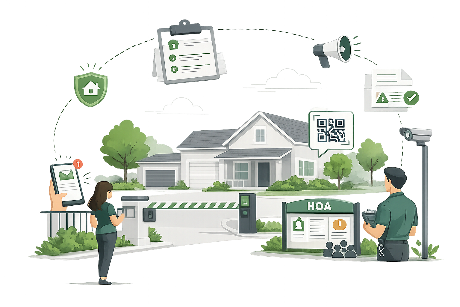 Illustration of a residential house representing how Community Tech’s visitor management platform supports Homeowners Associations (HOAs) by enhancing security and streamlining visitor access for residents