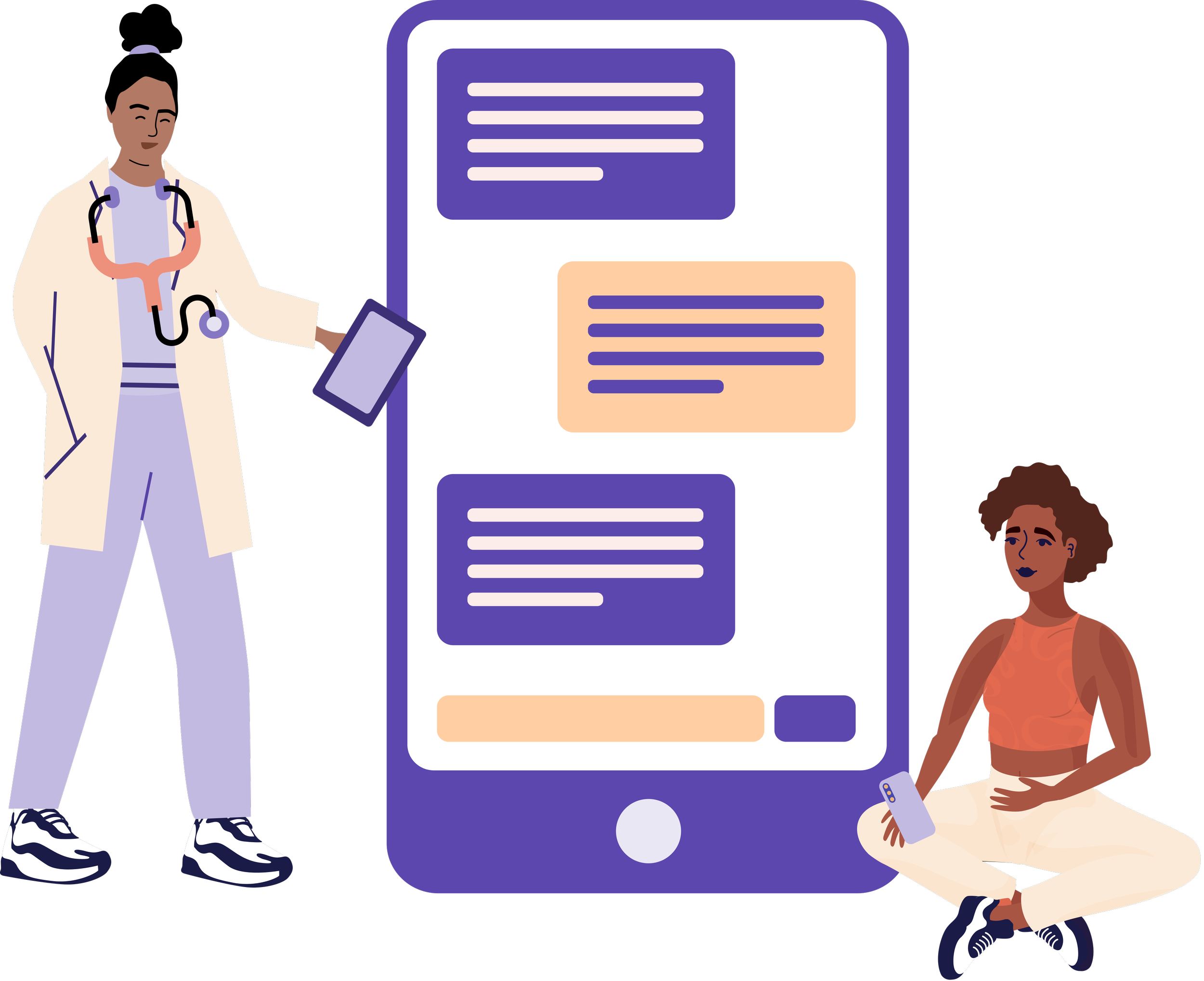 Doctor with stethoscope pointing to a large mobile device displaying chat bubbles, with a woman sitting nearby holding a smartphone, symbolizing medical support for abortion and miscarriage hotline.