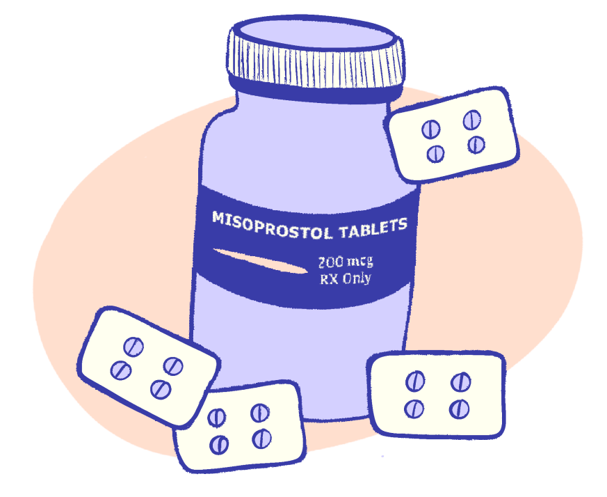 Bottle labeled 'Misoprostol Tablets 200 mcg RX Only' alongside blister packs of tablets, representing medical abortion medication.