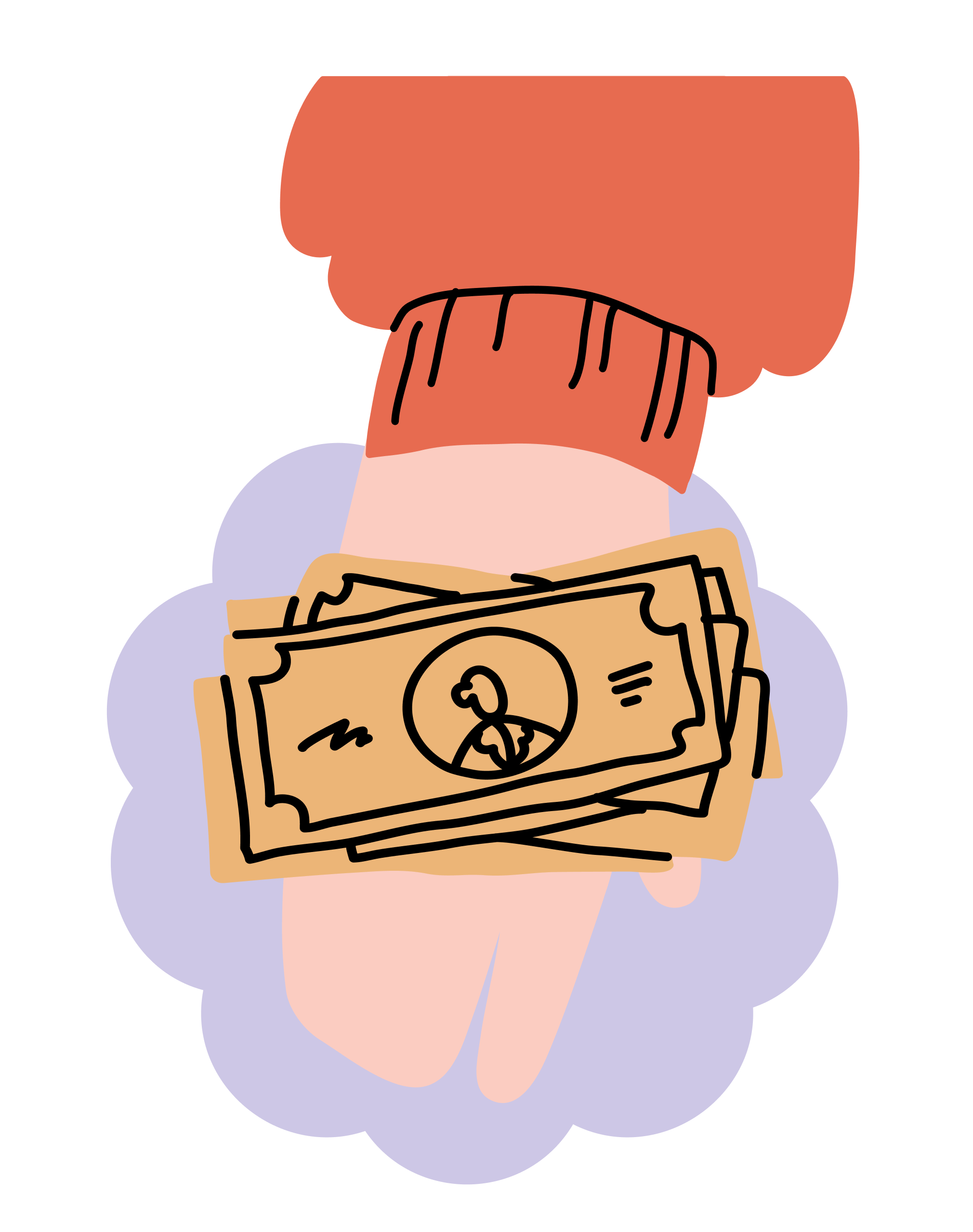 Un brazo que sobresale, vestido con un jersey naranja, mostrando billetes de dólar en la palma de la mano.
