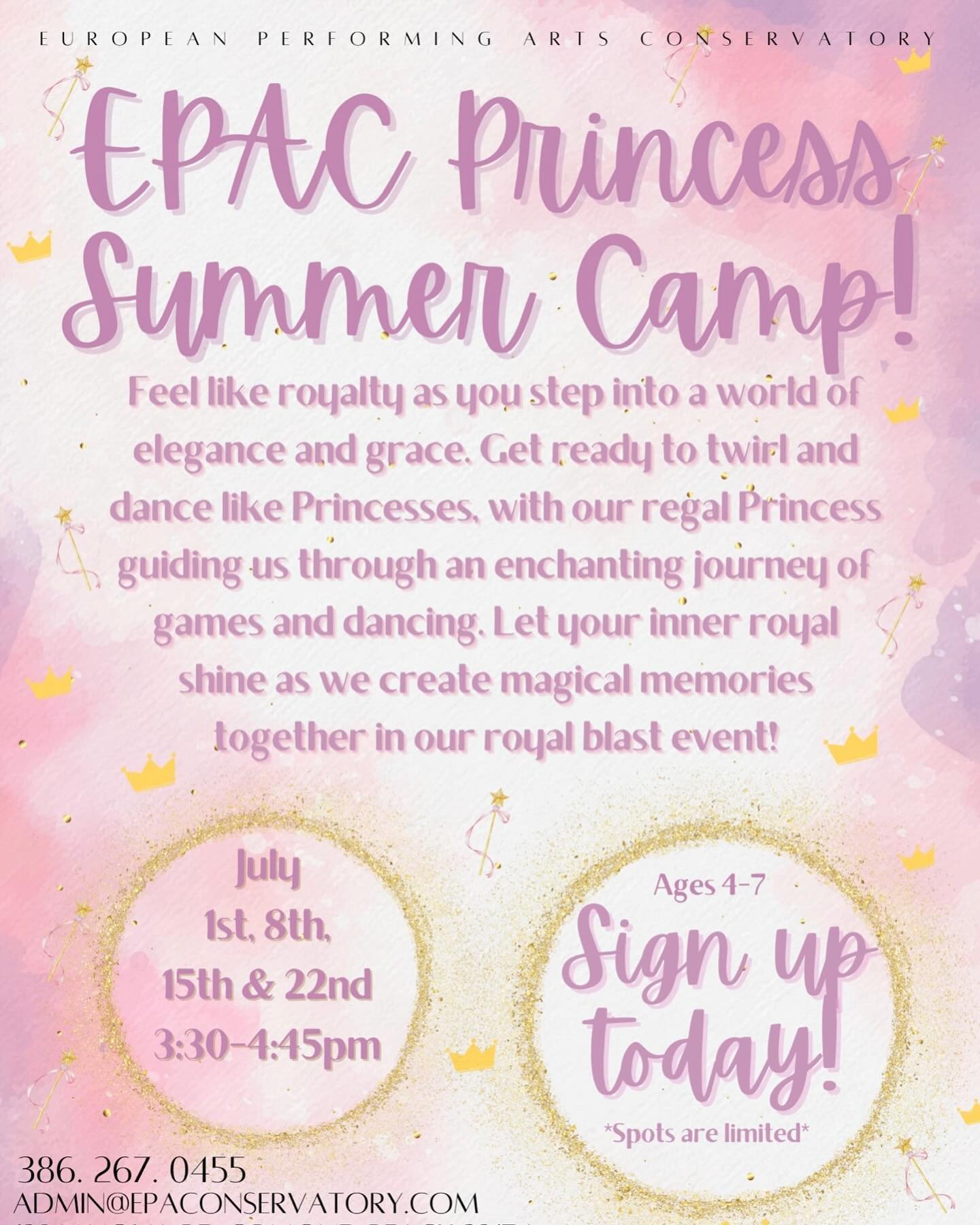 EPAC PRINCESS SUMMER CAMP! 👑 

Sign your little one up today!!

For more information, email us! 
Admin@epaconservatory.com 

#summer #dancer #dance #kidactivity #local #princess #fun #dancestudio #volusiacounty #flaglercounty #joinus #learning #some