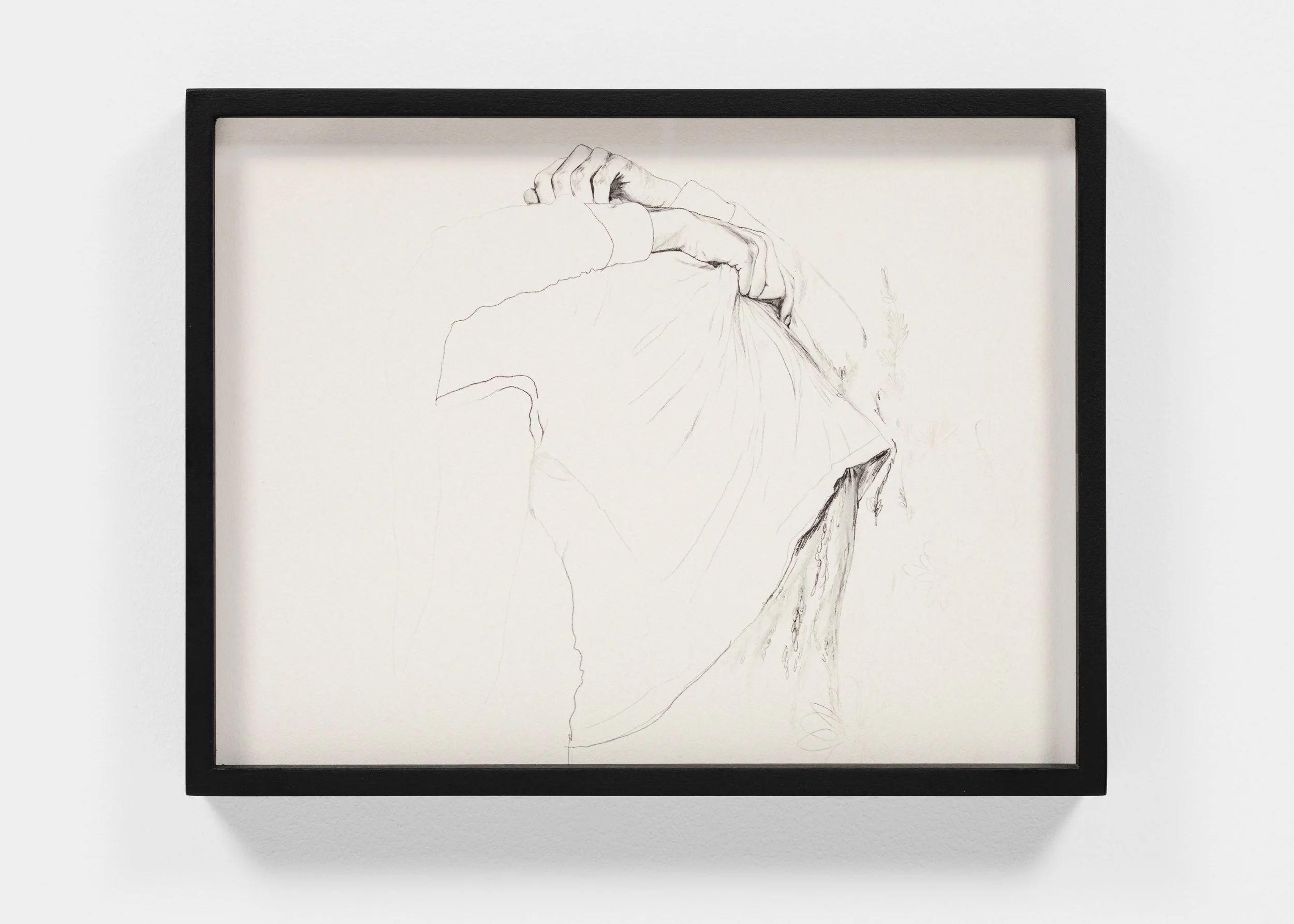 Minimalist pencil drawing of hands on fabric, framed art.