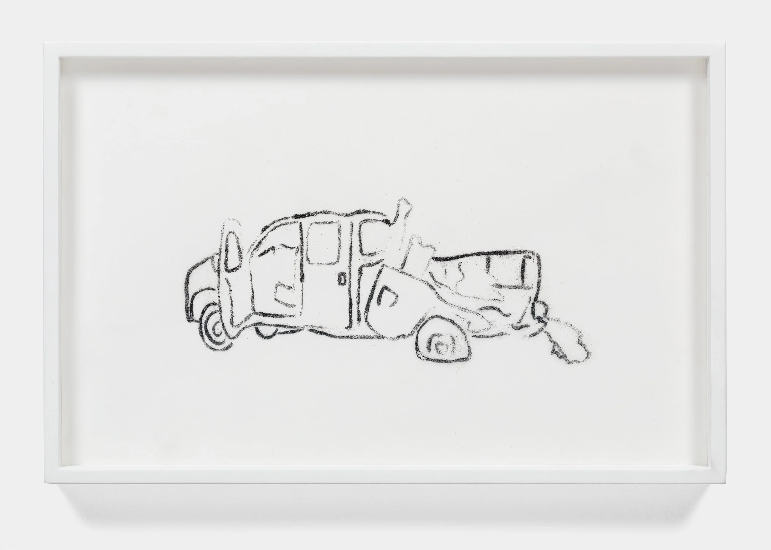 Sketch of a damaged pickup truck with an open door and crumpled rear; framed artwork on a white background.