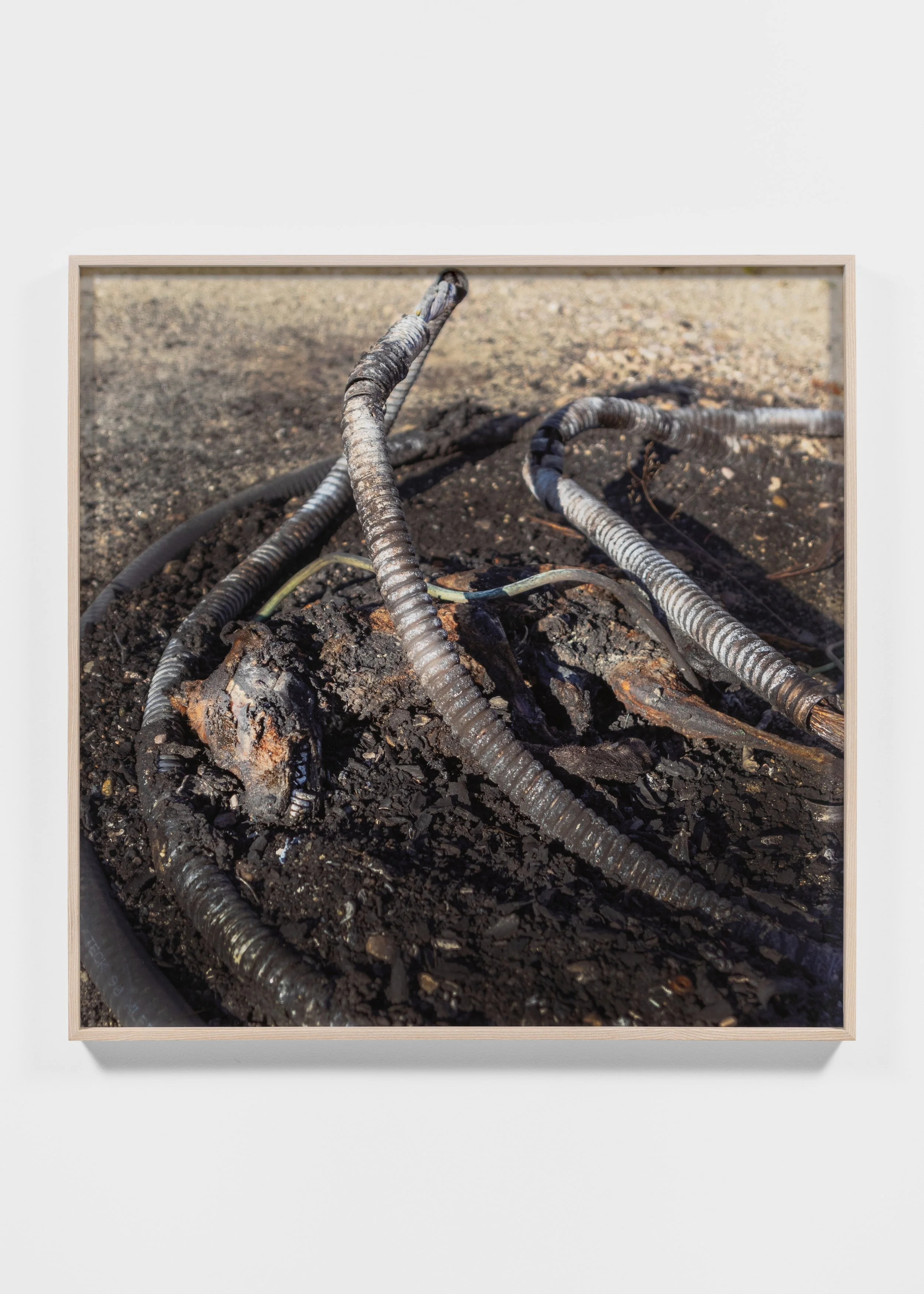 Burnt and charred metal cables on a scorched ground.