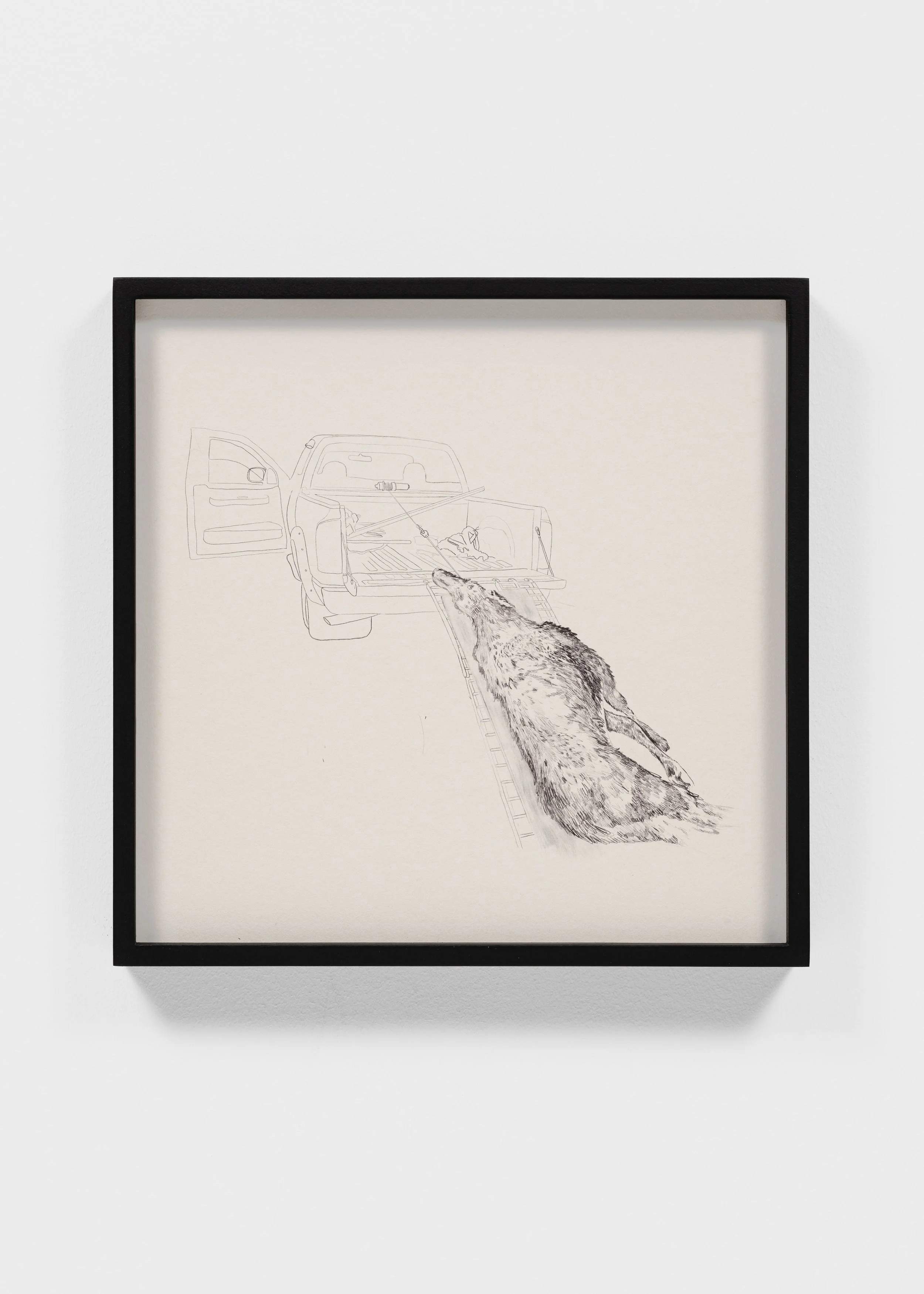 A drawing depicting a truck with an open tailgate. An animal, possibly a deer, is being loaded onto the truck bed using a ramp. The illustration is framed and displayed on a white wall.