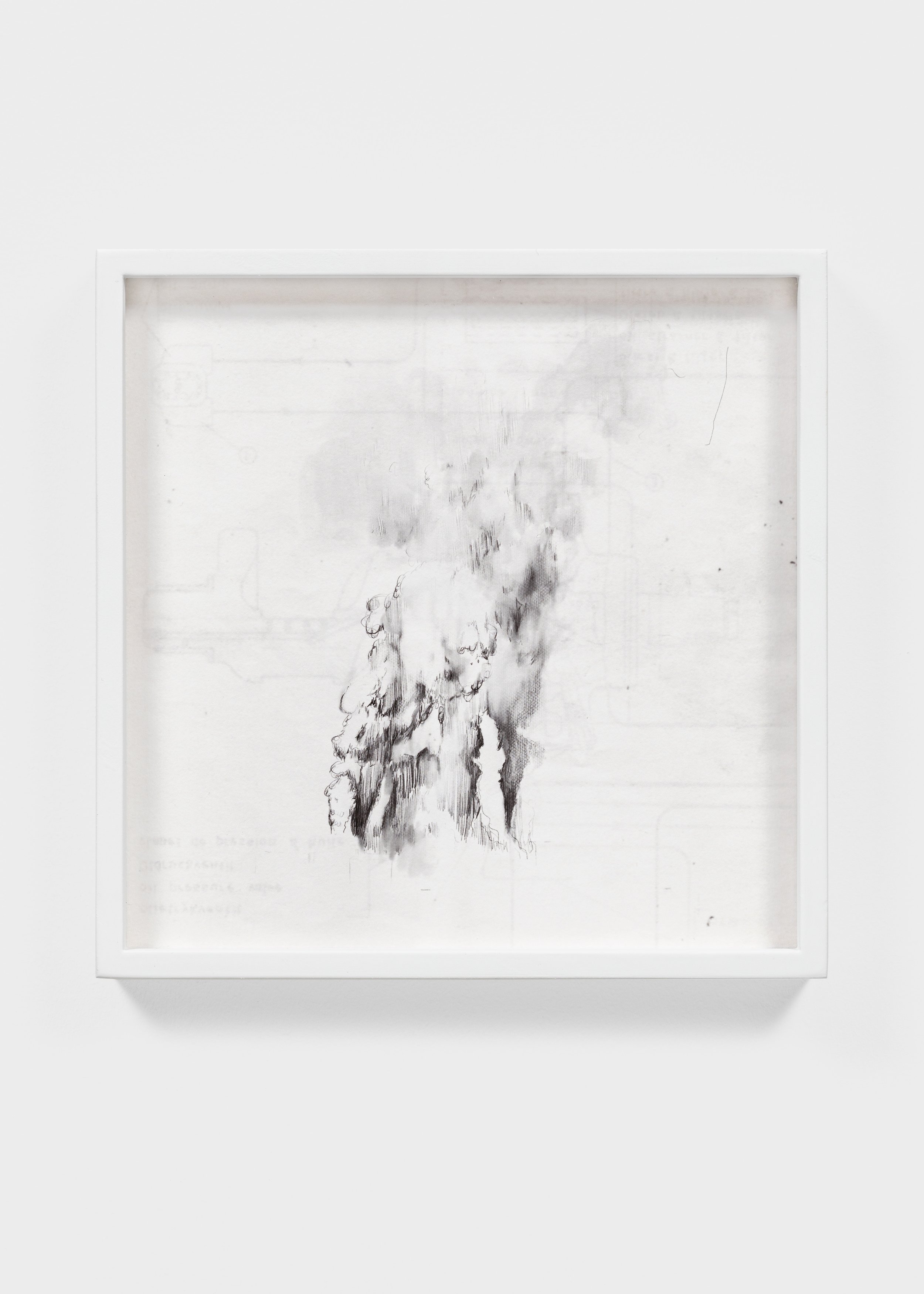 Abstract black and white artwork with smoke-like formation and faint background lines, framed in white.